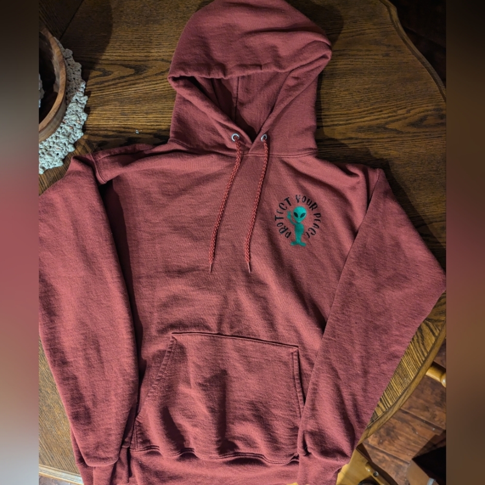 Small Burgundy Hoodie with Alien Graphic